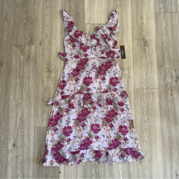 Lulus Fleur-Evermore Lavender Floral Print Ruffled Midi Dress - Picture 2 of 4